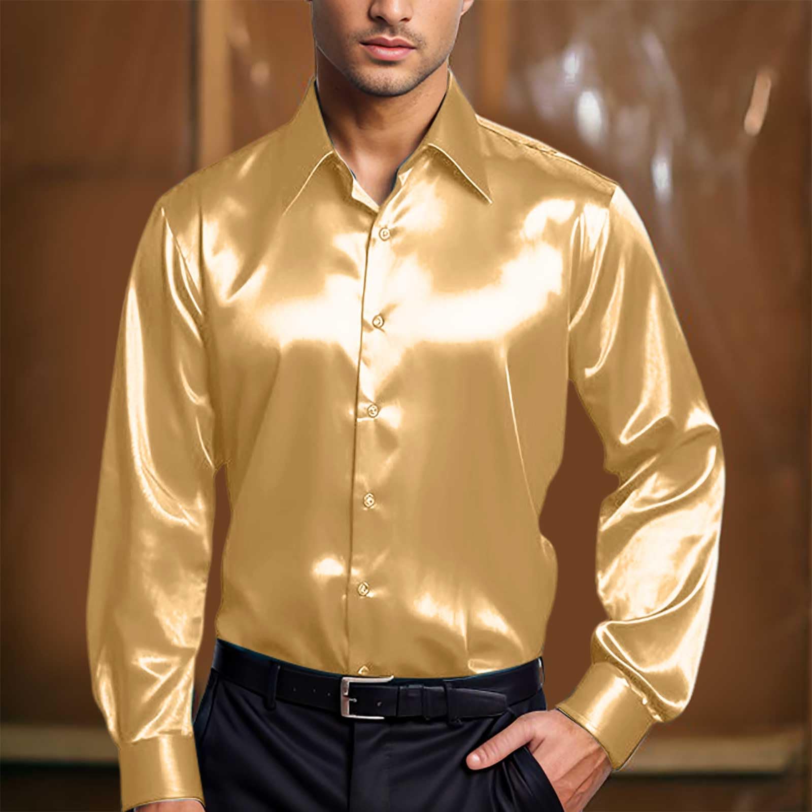 Party Hemd Herren Slim Fit Satin Bluse Langarmhemd Freizeithemden für Herren 70er Langarm Hemden Disco Party Kostüm Arbeitshemd Glänzend Langarmshirt Herren