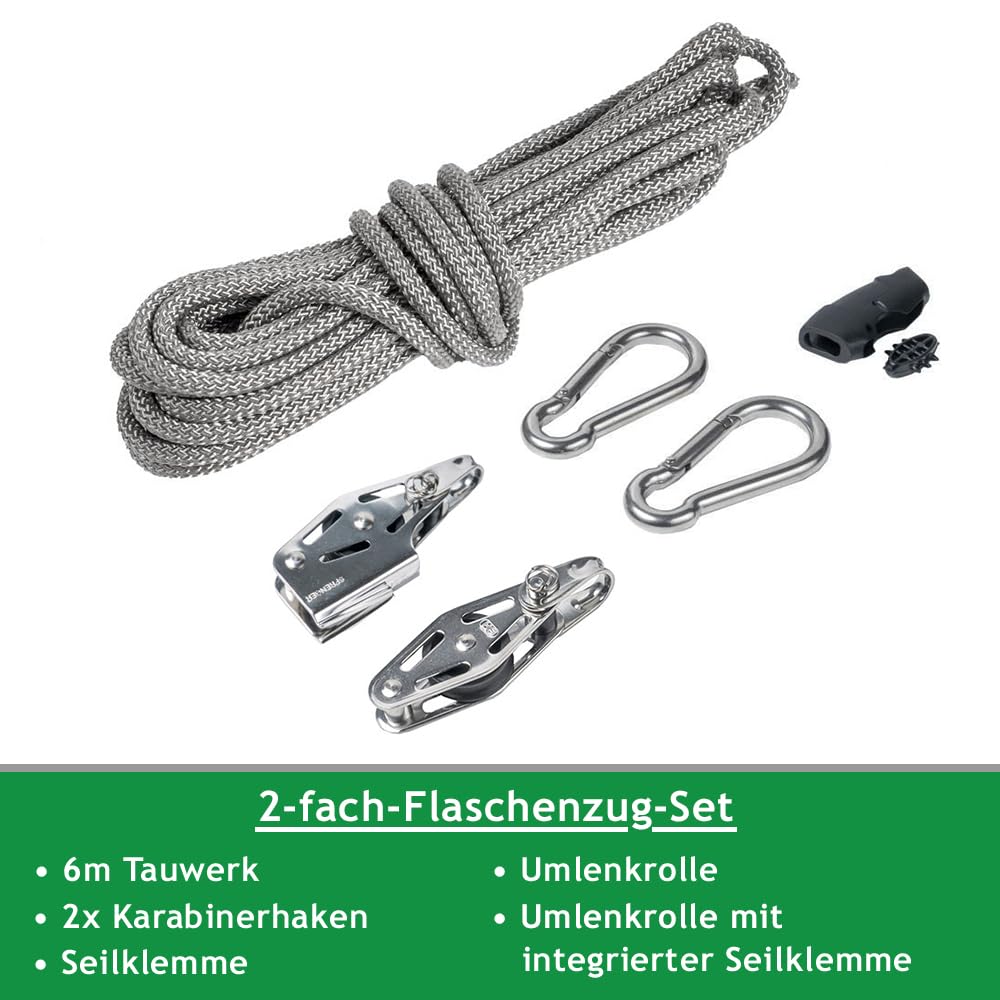 Sonnensegel 2-Fach Flaschenzug Set - mastseitig, für Sonnensegel Masten/Profi Spannsystem zum Spannen & Befestigen/Robustes Seilzugsystem mit integrierter Klemme