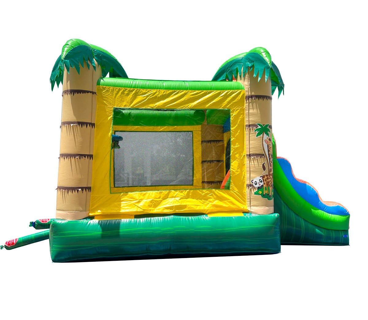 Inflatable Bounce House with Slide for Kids 12 x 12 x 18 Foot - Backyard Tropical Jungle Castle Smiley Face Combo Bouncer, Outdoor Toys, Jumpers for Kids - Includes: Blower, Stakes, and Storage Bag