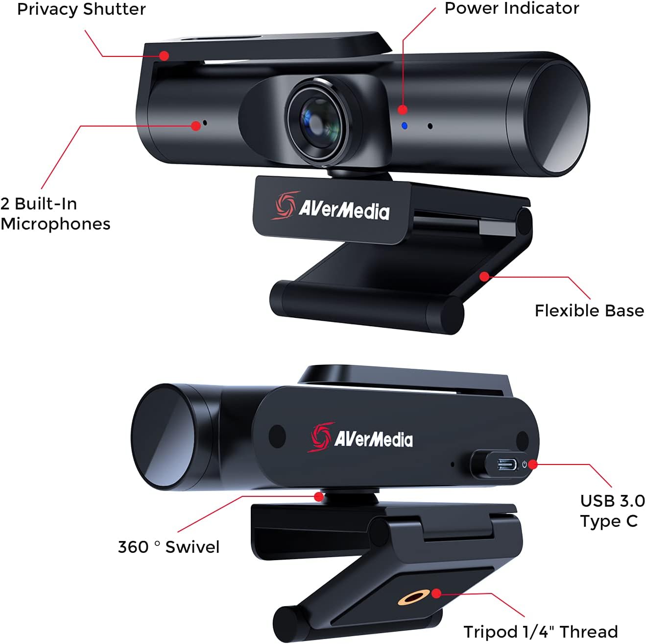 AVerMedia PW513 Live Streamer CAM Light, 4K Ultra HD USB Webcam with Rechargeable Mini RGB Light for Gaming and Live Streaming, Works with OBS, Streamlabs, Zoom, Teams and Skype