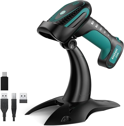 Escáner de código de barras inalámbrico con soporte, escáner de código de barras industrial 2D 1D QR Bluetooth para Android, iOS, Windows, Mac,