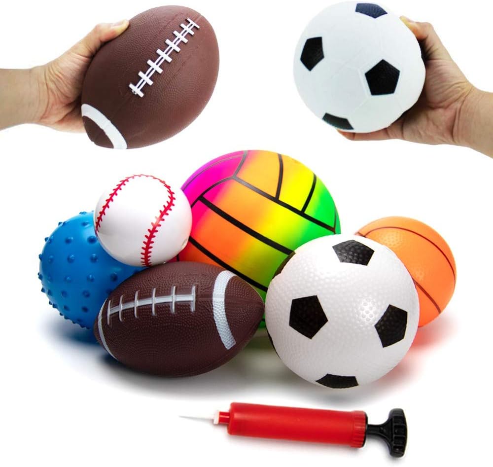beetoy Ball Set for Toddlers 1-3, Assorted Toddler Sports Balls Toy 6 PCS, Kids Balls Soft Toy Balls - Soccer Ball Playground Balls Basketball Volleyball Baseball Rugby - Inflatable with Pump