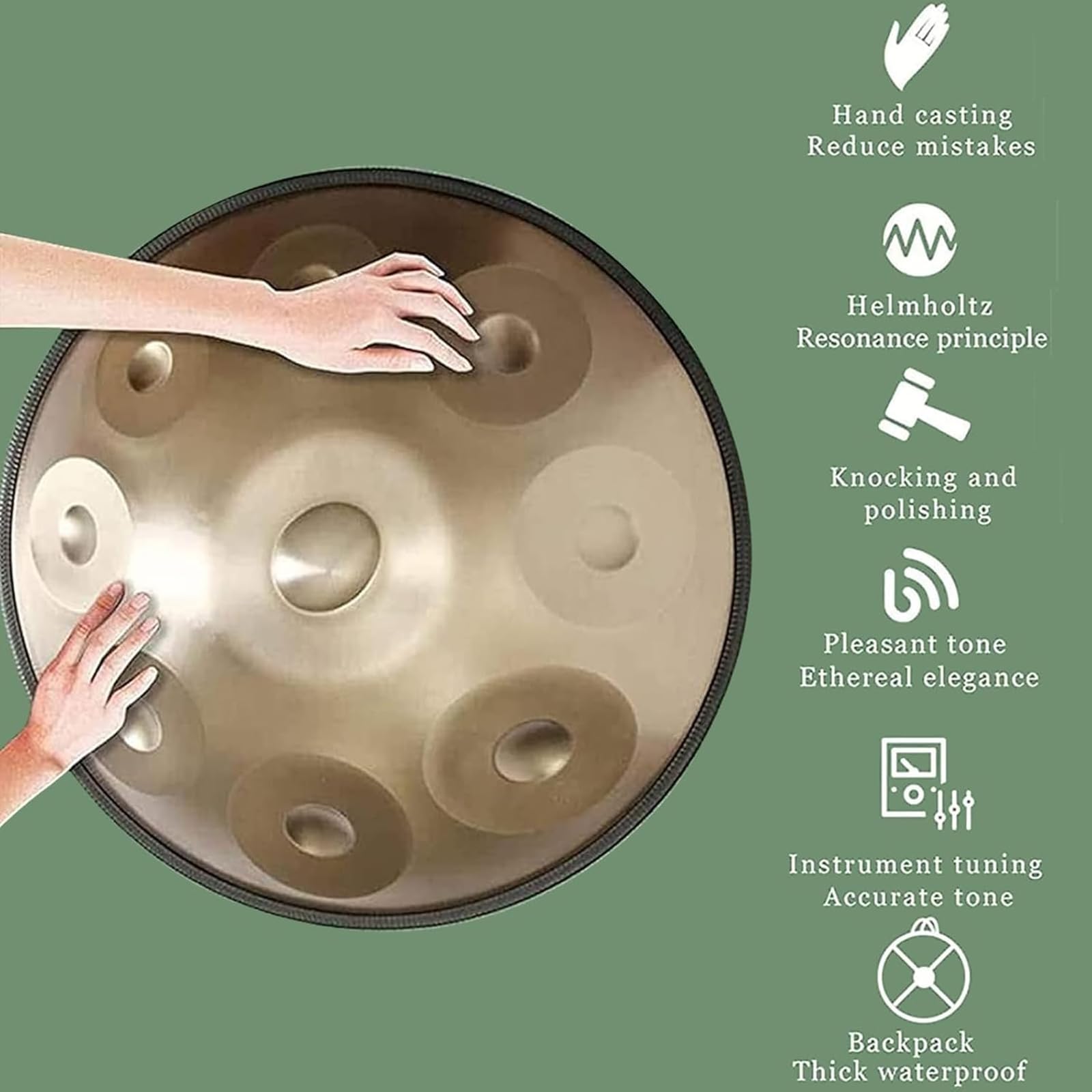 Bęben Handpan, d-moll, 440 Hz, stalowy bęben językowy z 9 tonami, 18-calowy bęben stalowy, harmonijny instrument perkusyjny do dźwięku, osobista medytacja, joga, z miękkim pokrowcem na Handpan, stal