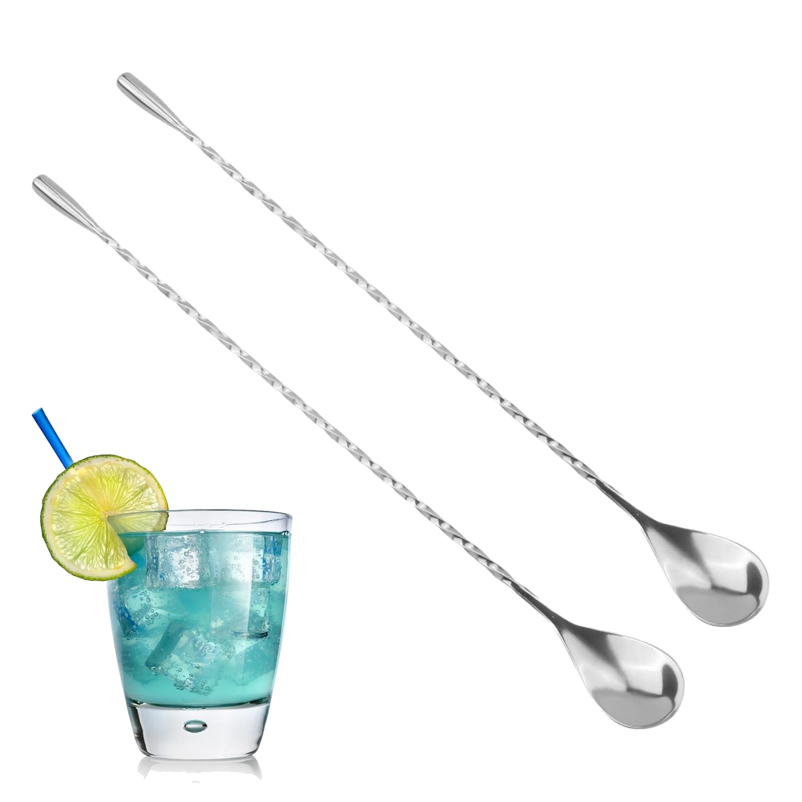 2PCS Stainless Steel Mixing Spoons, 12 Inch Spiral Long Handle Twisted Stirrer, Bar Cocktail Shaker Spoon, Mixing Spoon with Teardrop End Design,Drink Stirrer for Bartending Cocktails Coffee Ice Cream