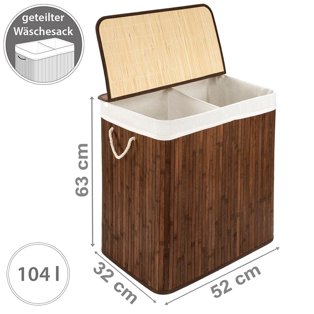 PANA®ECO Bambus Wäschekorb mit Deckel - 104 L, 52x32x63 cm - Farbe: Braun | Herausnehmbarer Wäschesack - Faltbarer Wäschesammler - Kompakt, praktisch, pflegeleicht & robust - 100% Bambus - Viel Platz