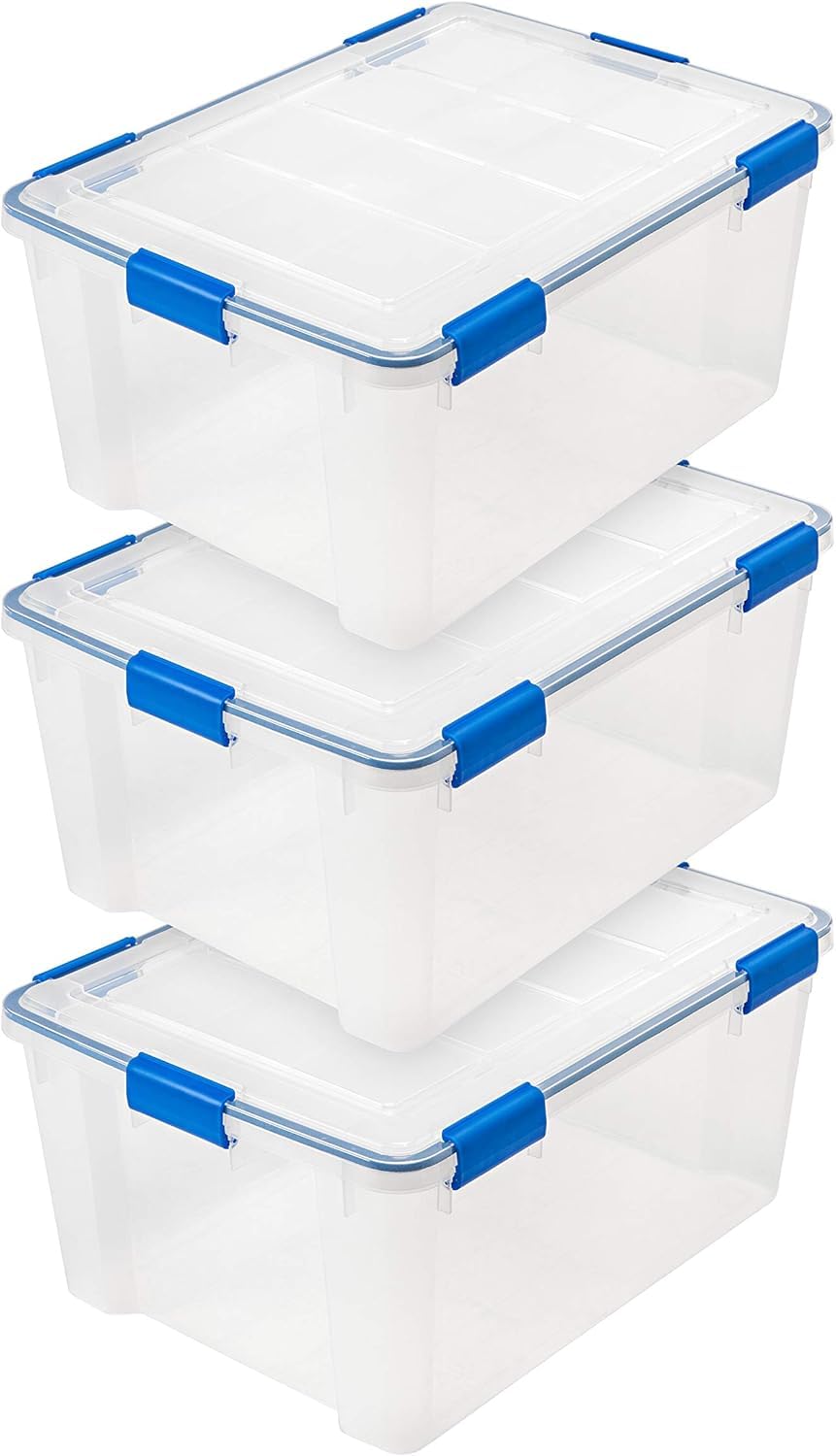 IRIS USA 60 Quart WEATHERPRO Plastic Storage Box with Durable Lid and Seal and Secure Latching Buckles, 3 Pack, Weathertight, Keep Pest Dust and Moisture Out, for Oversized Bulky Items, Clear/Blue
