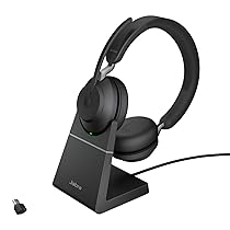 Jabra Evolve2 65 Wireless PC Headset with Charging Stand, Tutte le piattaforme, Dongle USB-C+supporto, Nero, Stereo