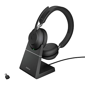 Jabra Evolve2 65 Wireless PC Headset with Charging Stand, Tutte le piattaforme, Dongle USB - C + supporto, Nero, Stereo