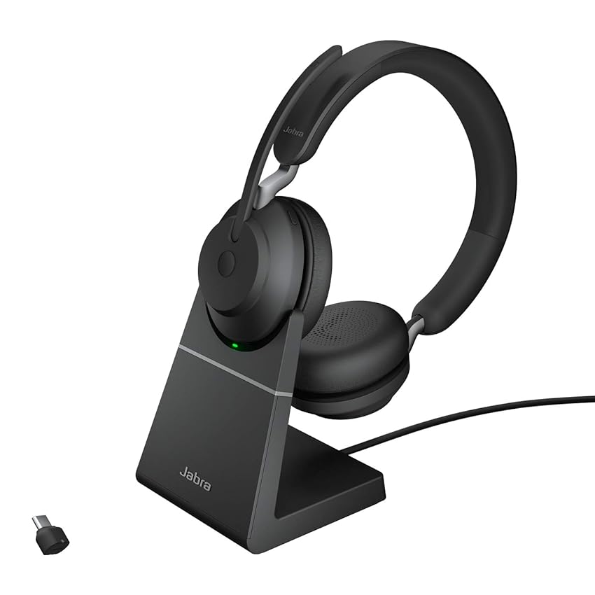 Jabra Evolve2 65 Wireless PC Headset with Charging Stand, Tutte le piattaforme, Dongle USB-C+supporto, Nero, Stereo