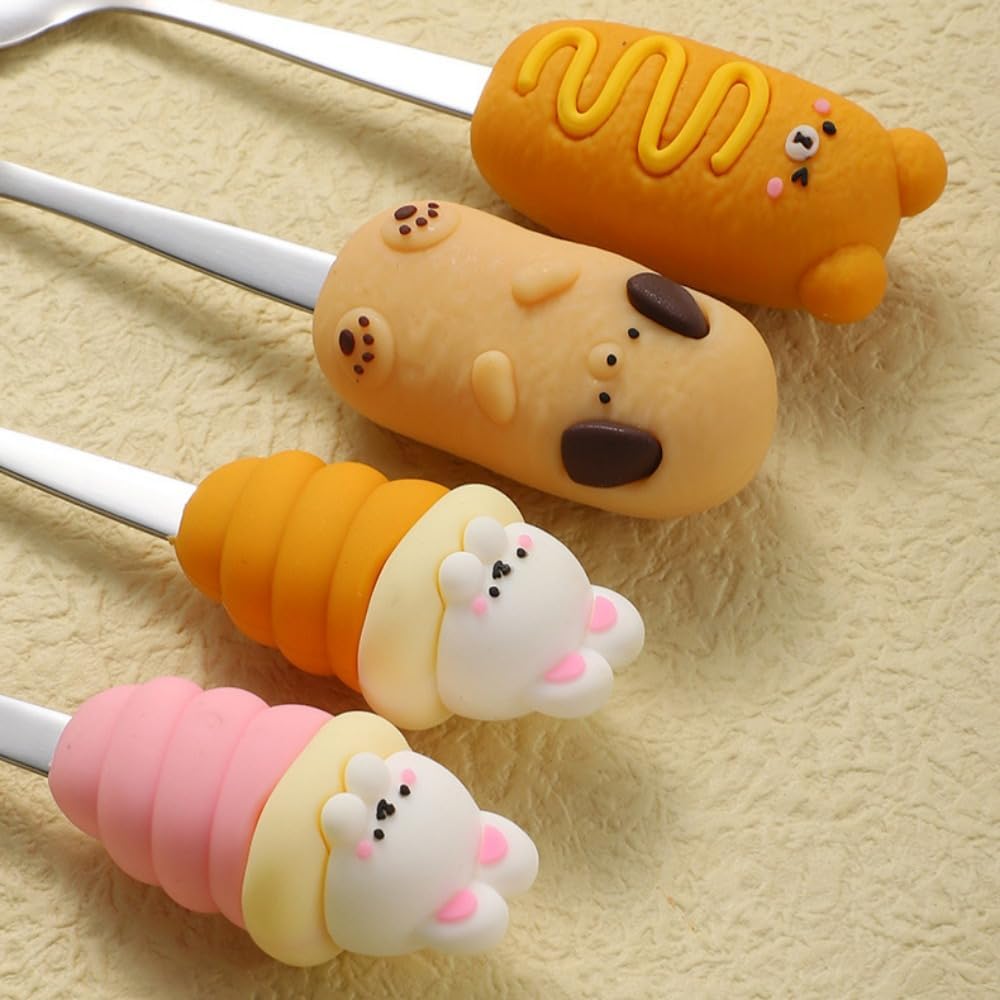 (8 Pieces) Cartoon Spoon Fork 304 Stainless Steel Cutlery Set Dessert Cake Coffee Food Training Spoon (Mixed)