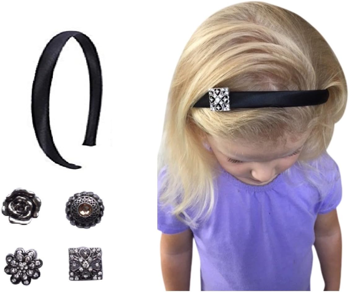 Little Girl's Black Flower Girl Headband with 4 Interchangeable Charms-Simple Silky/Satin