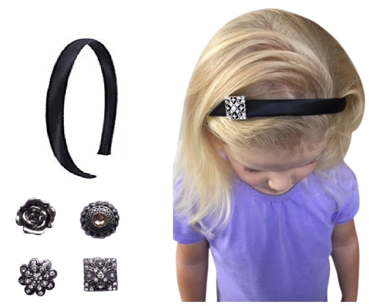 Little Girl's Black Flower Girl Headband with 4 Interchangeable Charms-Simple Silky/Satin
