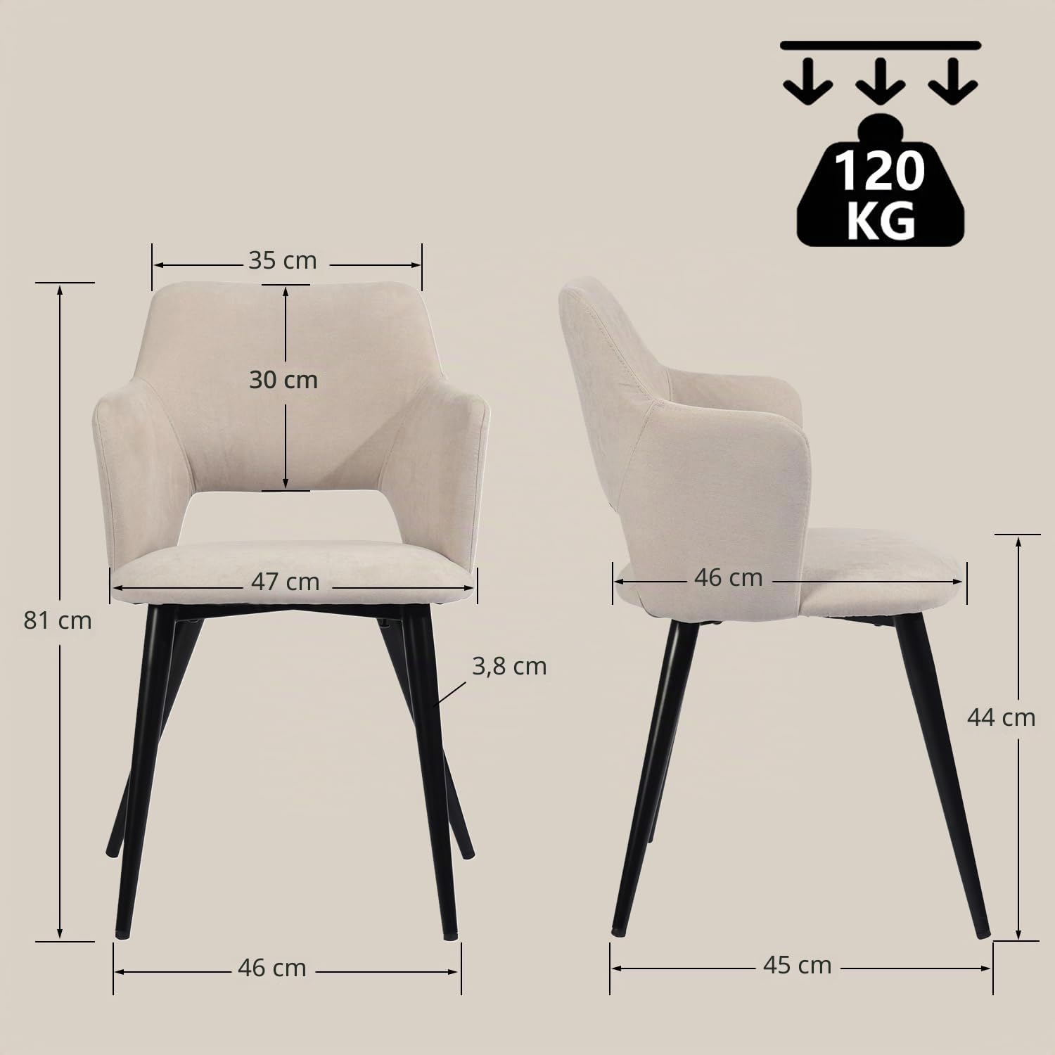 MEUBLE COSY Set di 2 Sedie da Pranzo Scandinavo Imbottito con Schienale Braccioli in Tessuto per Cucina Sala Soggiorno, Beige, 48x54.5x80cm