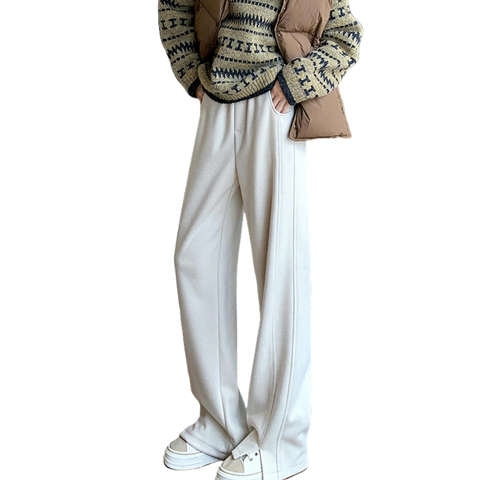 Pantalone Donna Pantaloni A Gamba Larga A Fessura per Donne Autunno E Inverno Dritti Casual Pantaloni A Maglia Sciolti-Nero Grigio Profondo (più Velluto)-m