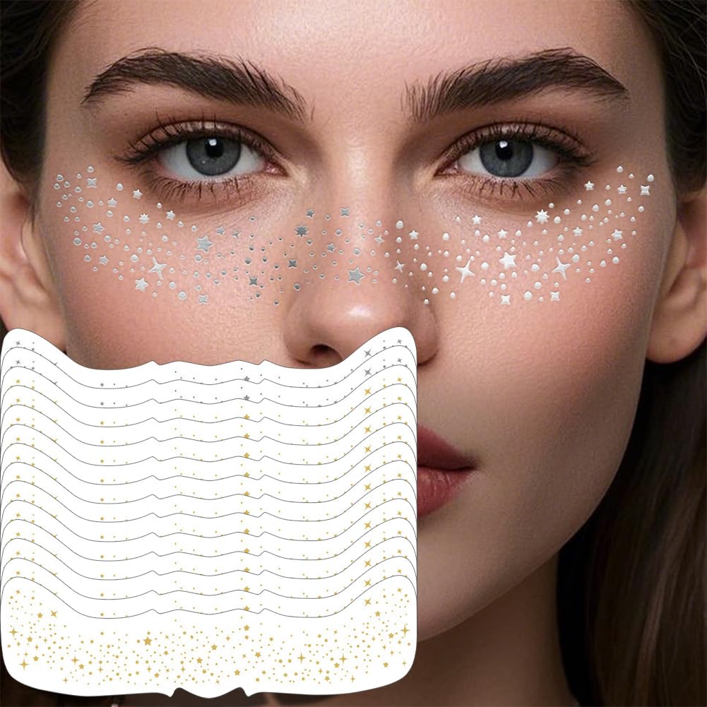 14PCS Glitter Fake Freckles Face Tattoo, Gold Face Sparkle Makeup Patches, Glow Up Temporary Face Tattoo