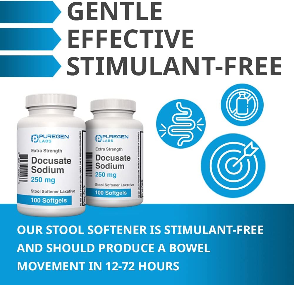 Buy Puregen Labs Docusate Sodium 250mg Stool Softener Laxative 100 softgels Gentle