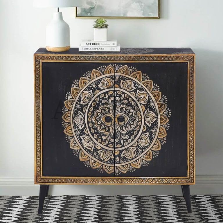 Image of APRODZ Hand-Painted Solid Wood Sideboard Cabinet with 2 Doors | Wooden Storage Cabinet for Bedroom Living Room & Kitchen | Crockery Cabinet, Kitchen Storage | Multicolor, 34x16x38 Inches