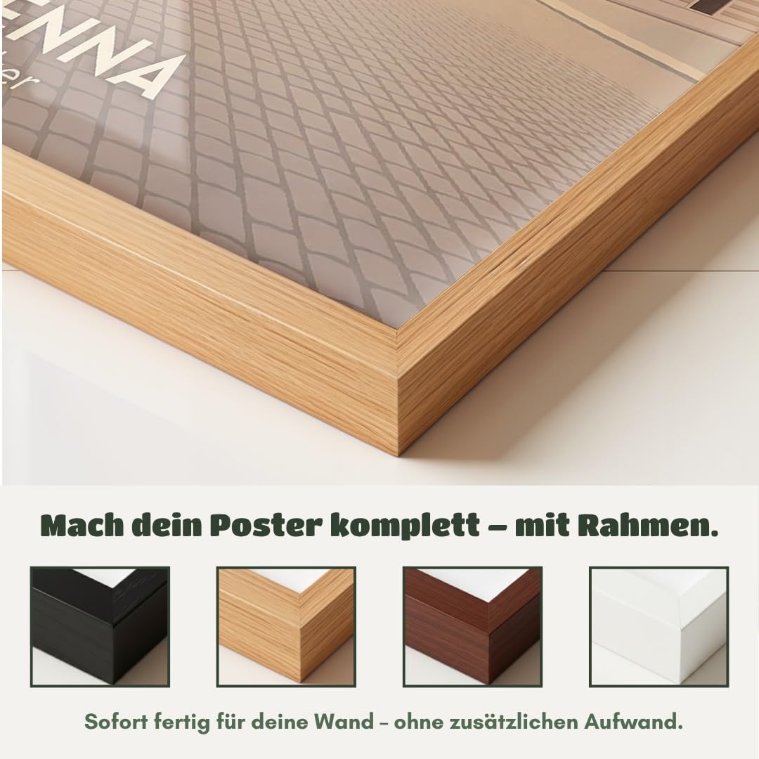 MJ-GRAPHICS® Poster Fiaker Kunstdruck Wien Architektur Wandbild klassisch Sonnenuntergang sanfte Töne Wohnzimmer Deko edel Zeichen Stadtgeschichte Bilder Vintage 50x70 mit schwarzem Rahmen