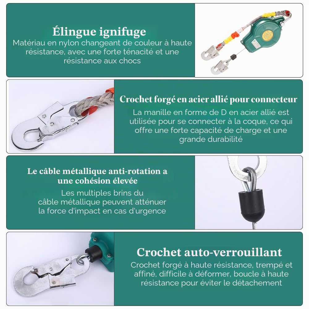 Antichute a Rappel Automatique,Harnais de Securite Anti Chute Certifié,Protection Anti-Chute RéTractable pour Couvreur,Dispositif SéCurité Hauteur avec Fonction Verrouillage Automatique,Charge: 150kg