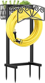 TomCare Garden Hose Holder, Heavy Duty Water Hose Hanger for 160FT Hose | Freestanding Ground-Set Design, Thick Metal Frame, Rear Tool Basket, 2 Rear Tool Hooks, Double-Coated Finish, Easy Assembly