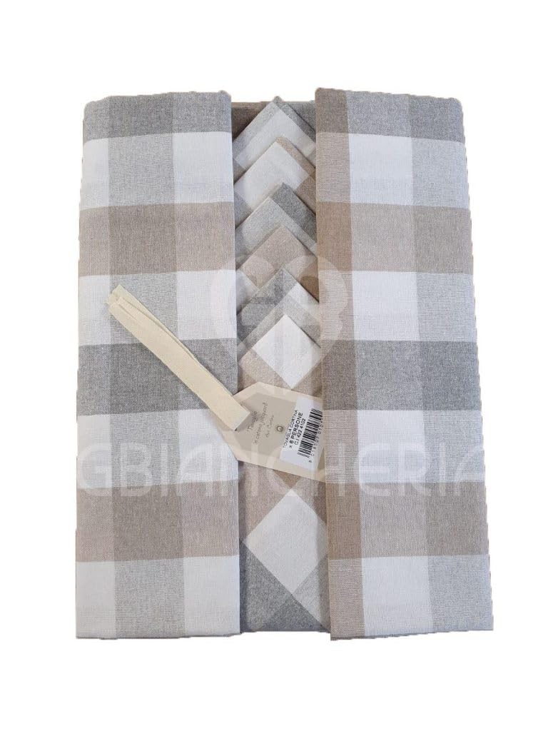 GBiancheria Tovaglia da Tavolo con TOVAGLIOLI in Cotone Pettinato Tinto in Filo dis. VICHY Grigio per 4, per 6, per 8, per 12 e per 18 persone Made in Italy (Per 18 persone)
