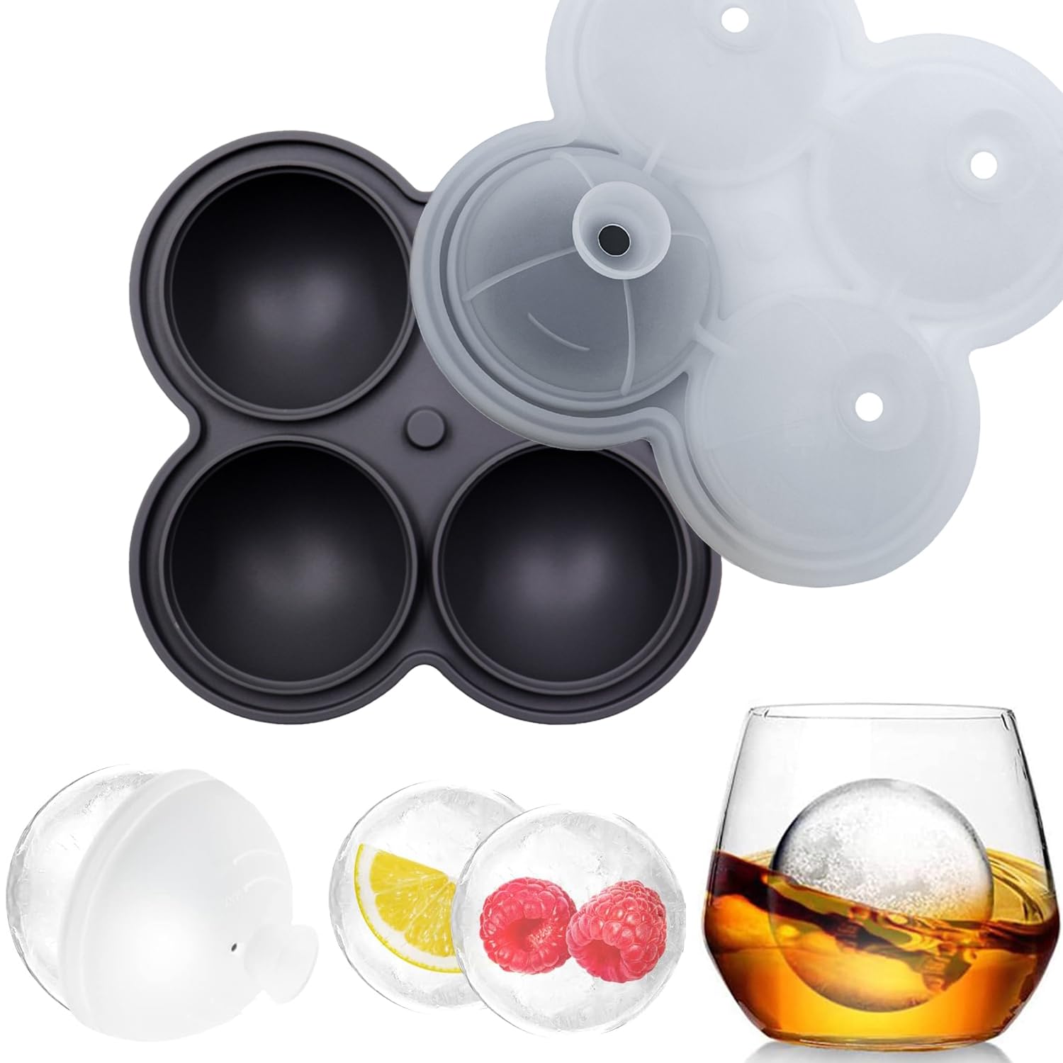 Large Ice Cube Trays, Self Funneling Silicone Ice Tray, BPA Round Ball Ice Cube Molds For Whiskey, Cocktails, Juices, Iced Coffee, Iced Tea Reusable Ice Tray (4 Balls)