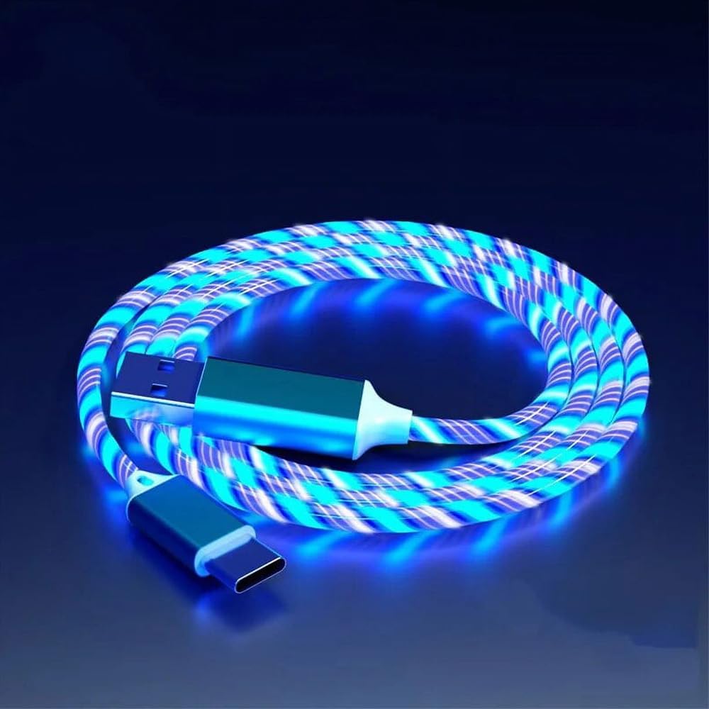 Leuchtendes USB Typ C Datenkabel 5A Schnellladekabel Datenkabel Schnellladekabel Leuchtendes LED Datenkabel Kompatibel mit Samsung Galaxy S24,S24+,S22,S23FE,Z Fold5,Z Flip 5,A25,A15,A05s (Blau, 0,9 m)