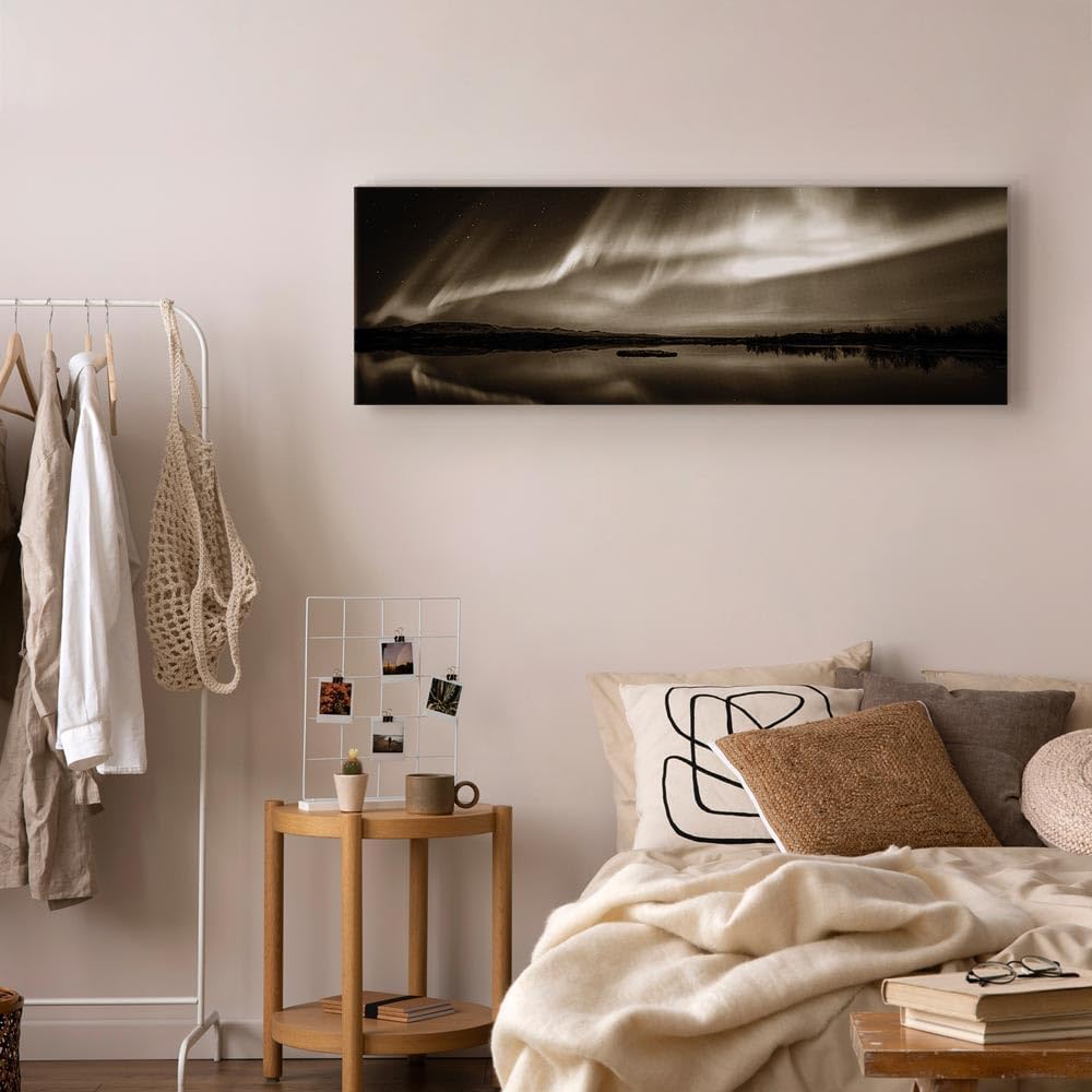 artgeist Acoustic Canvas Wall Art Print Aurora 53x18 in - 1pcs Picture with Acoustic Foam Sound Print Artwork Room Acoustics Soundproofing - Night Iceland c-B-0289-b-d