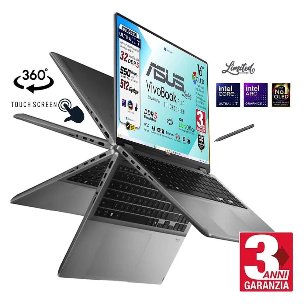 ASUS Vivobook 16 Flip OLED Touch 16", Ultra 7 258V, 32 Gb, Ready to use | Intel AI Boost NPU, Ram 32GB DDR5 8533MHz, Display OLED Touch screen, SSD 512GB, Win11, Tastiera Retroilluminata + Stylus Pen