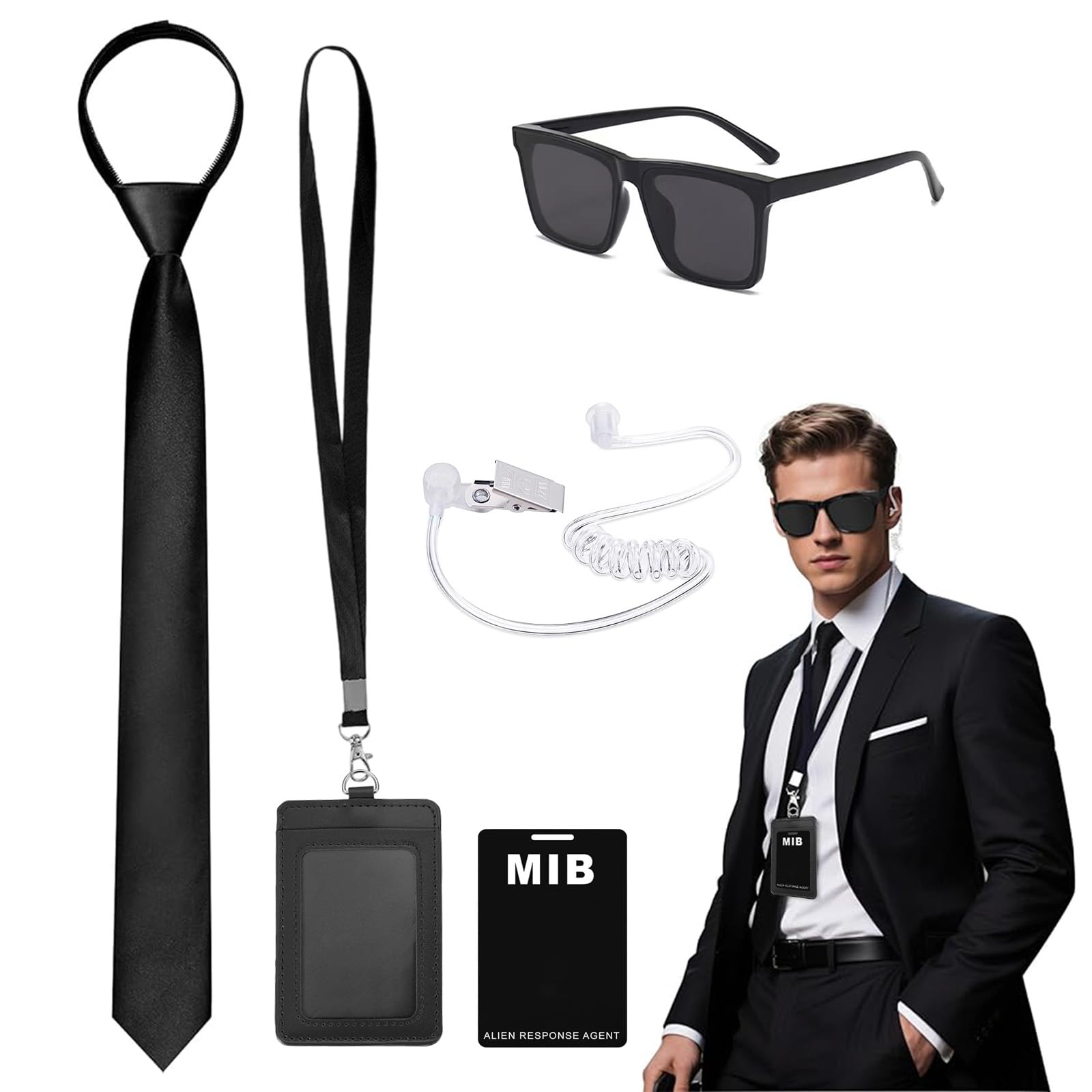 SNBUHA 6 Pcs Agent Costume Accessories Set, Secret Security Guard Outfit Kit with Glasses Necktie Earpiece ID Badge