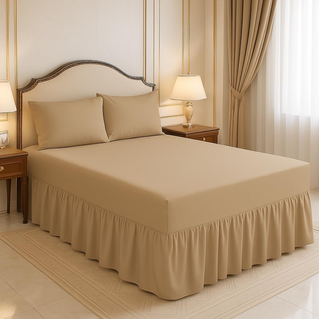 Arlinens Latte Frilled Valance Sheets For Single Bed Extra Deep Plain Dyed Polycotton Sheet (,90 X 190 + 39 Cm)