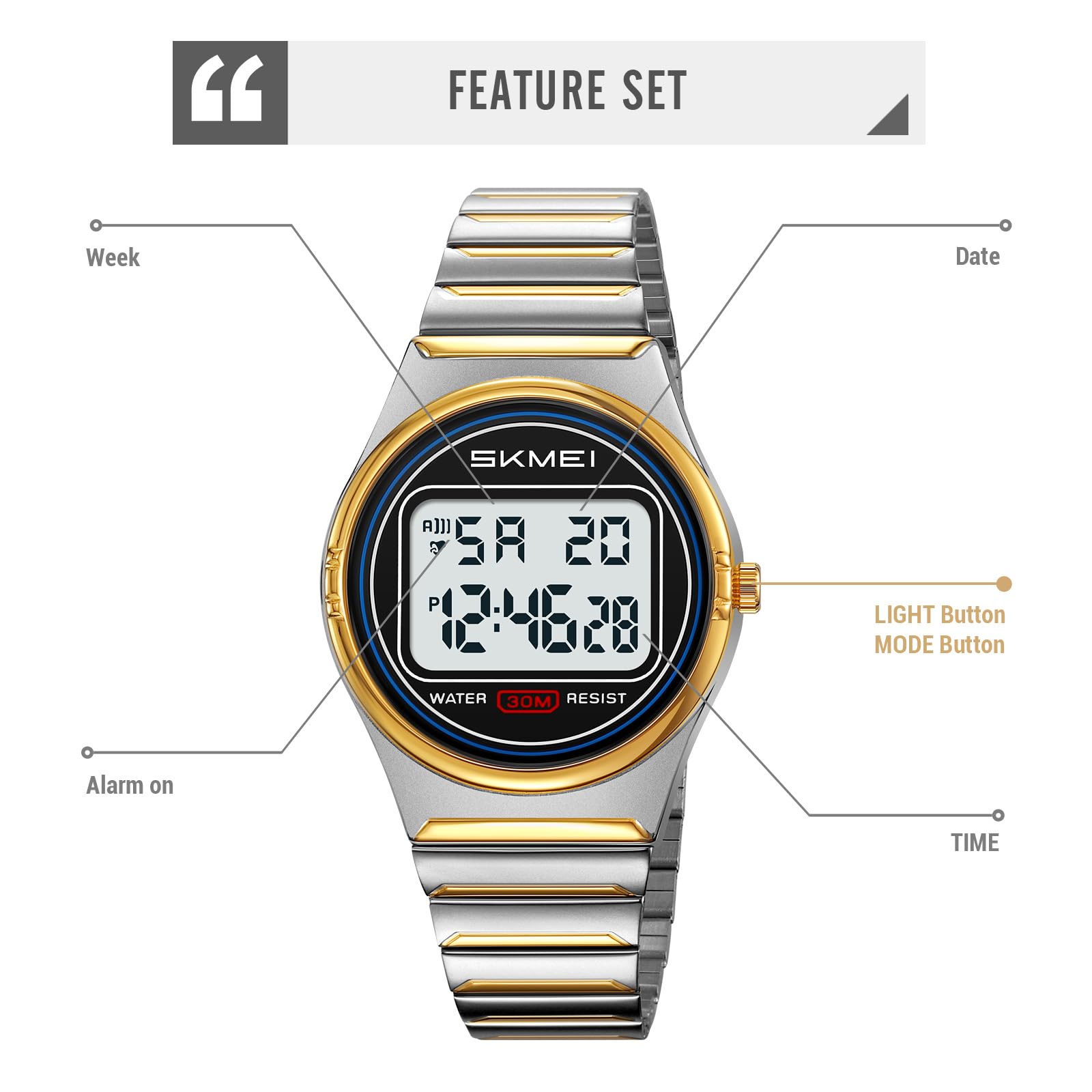 Gosasa Reloj digital retro ultrafino para hombre y mujer, resistente al agua, acero inoxidable 30 m, reloj de cuarzo informal con retroiluminación LED, alarma, cronómetro