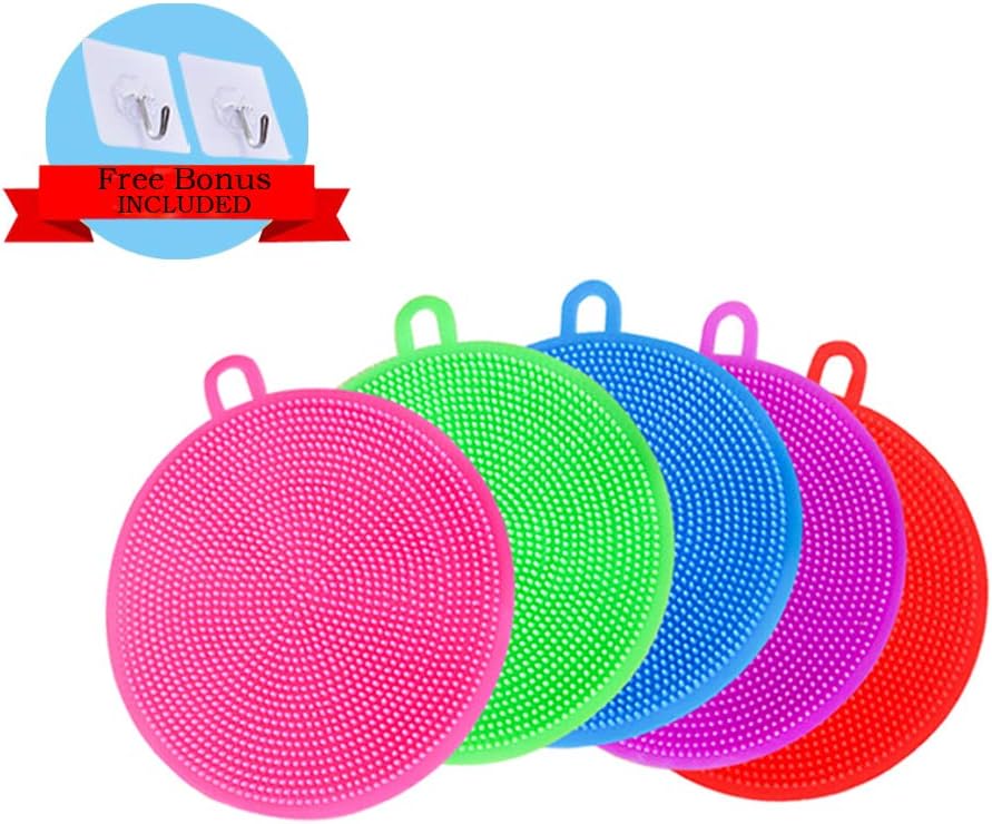 Silicone Scrubber(5 Pack), Silicone Sponges Multipurpose Kitchen Scrub Brush for Dish Pot and Veggies Fruit Smart Kitchen Gadgets Brush Accessories 5 Colors with Free Bonus 2 Hooks