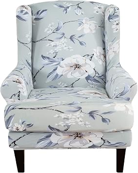 Wing Chair Slipcovers, 2 Piece Print Wingback Chair Cover Stretch Spandex Armchair Covers with Elastic Bottom for Living Room Bedroom Light Blue