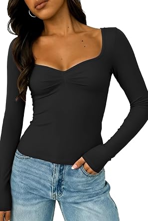 ForeFair Womens Long Sleeve Going Out Tops Pleated Basic T Shirts Cute Sweetheart Neck Y2K Fall Tops