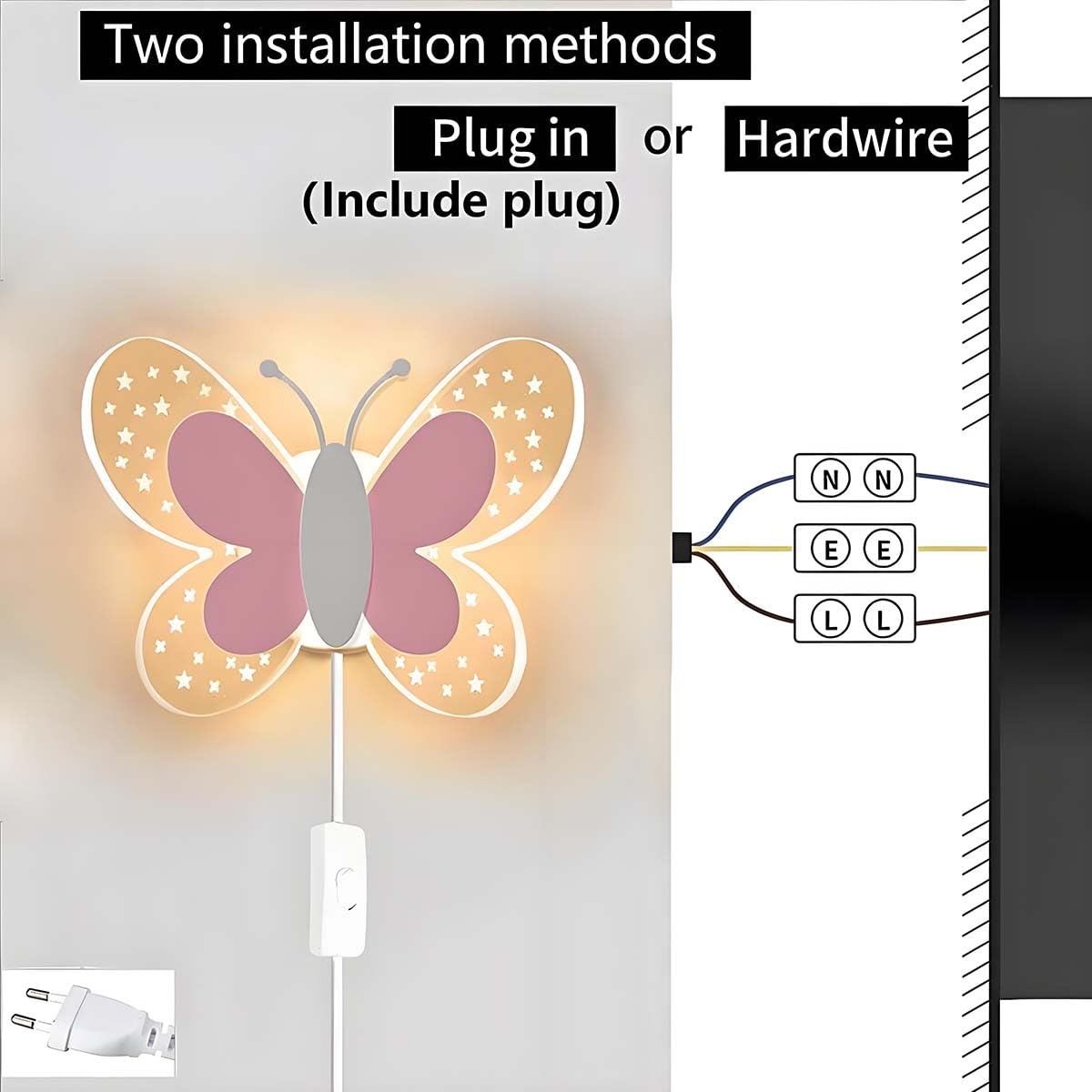 AoLa 12W LED Wandleuchte mit Schalter Dimmbar Schmetterling Wandlampe Kinder Nachttischlampe mit Kabel Nachtlicht Modern Wandbeleuchtung mit Fernbedienung Innen Wandleuchte für Kinderzimmer