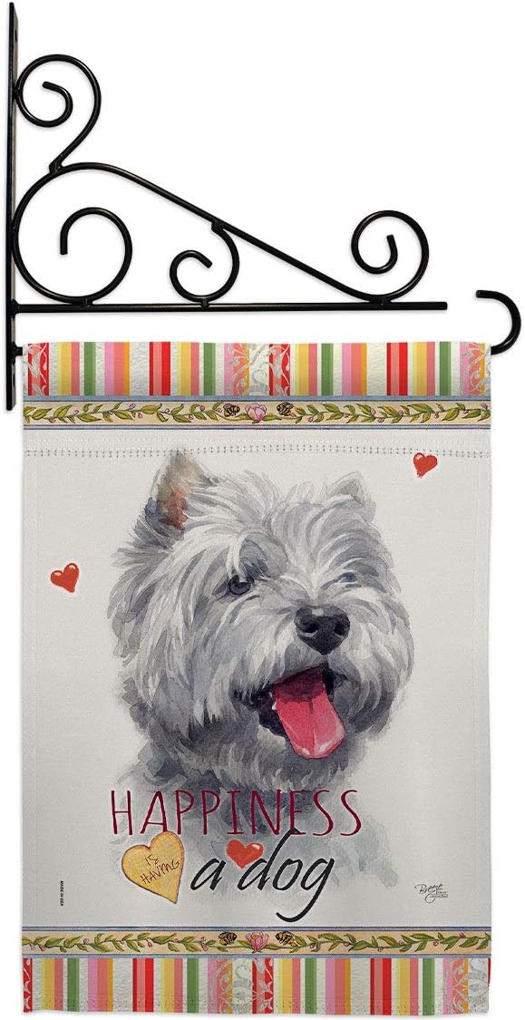 Westie Happiness Garden Flag Set Wall Holder Animals Dog Puppy Spoiled Paw Canine Fur Pet Nature Farm Animal Creature Small Decorative Gift Yard House Banner Made In USA 13 X 18.5