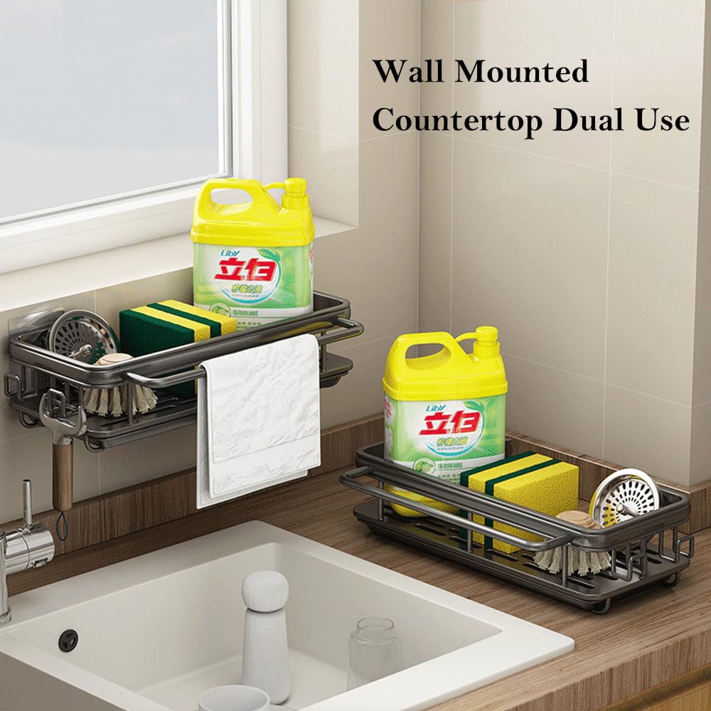 Organizer Da Parete Per Lavello - Con Vassoio Antigoccia Rimovibile, Ganci Mobili, Senza Foratura, Bianco/Nero