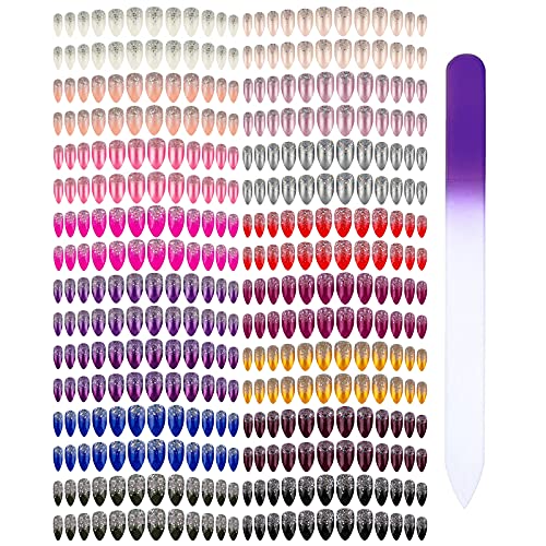 384pcs Glitter Stiletto False Nails Almond Artificial Sequins Fake Nails Full Cover Fingernails Nail Tips Kit with a Crystal Nail File for Nail Art Salon DIY Decoration (Sequins)