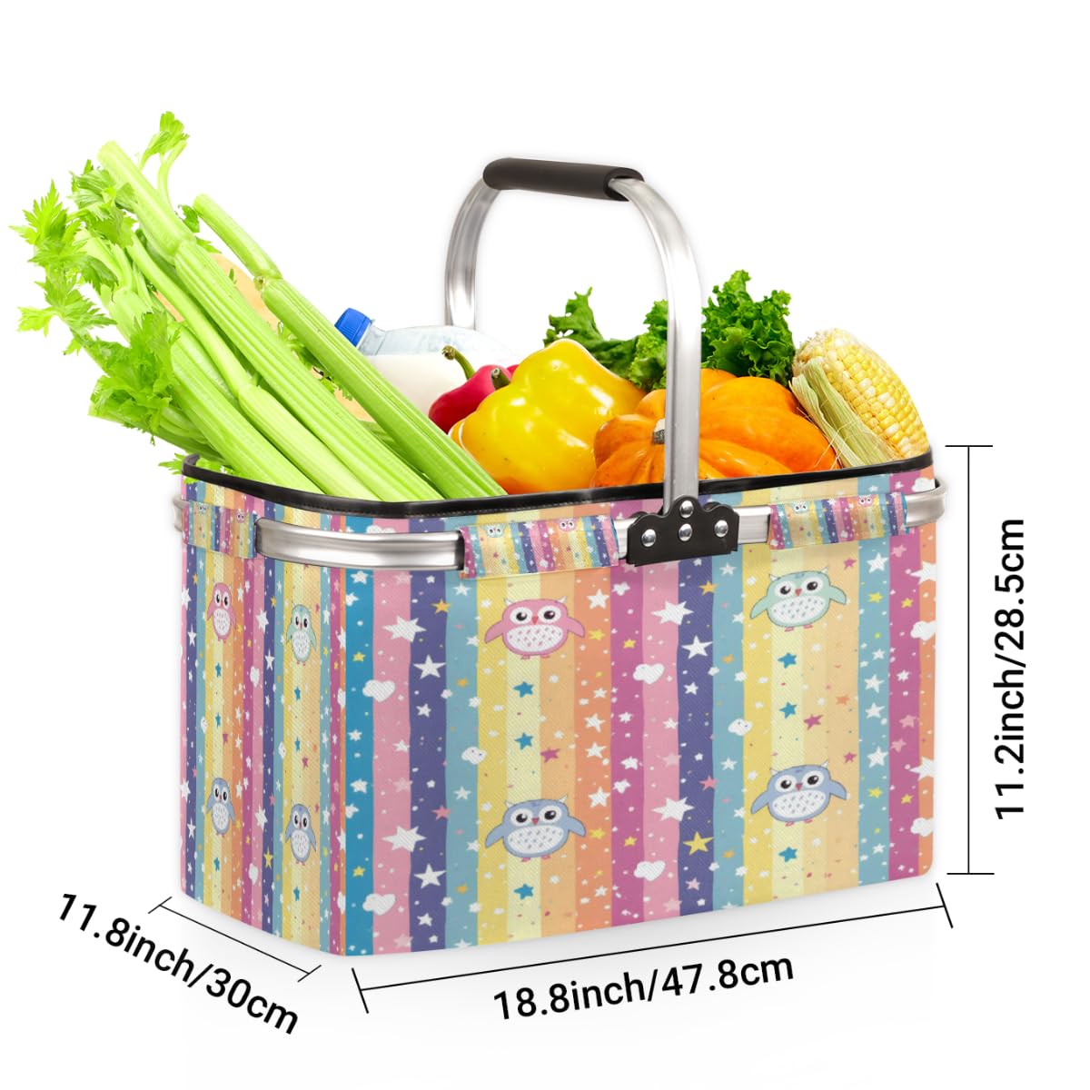 Tablerazzi Cute Owl Folding Picnic Basket Large Reusable Shopping Basket Animal Owls Collapsible Grocery Bag with Handle Aluminum Frame Market Basket
