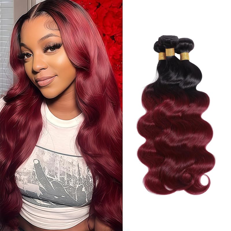 12A Body Wave 3 Bundles Human Hair T1B/99J Nature Black to Ombre 8 10 12 Inch,Burgundy Bundles Human Hair Body Wave Hair Extensions for Women T1B/99J Color