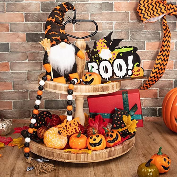 Decoraciones de Halloween Juego de 11 piezas de decoración de bandeja escalonada de Halloween Cartel de madera rústica de granja Lindos gnomos de