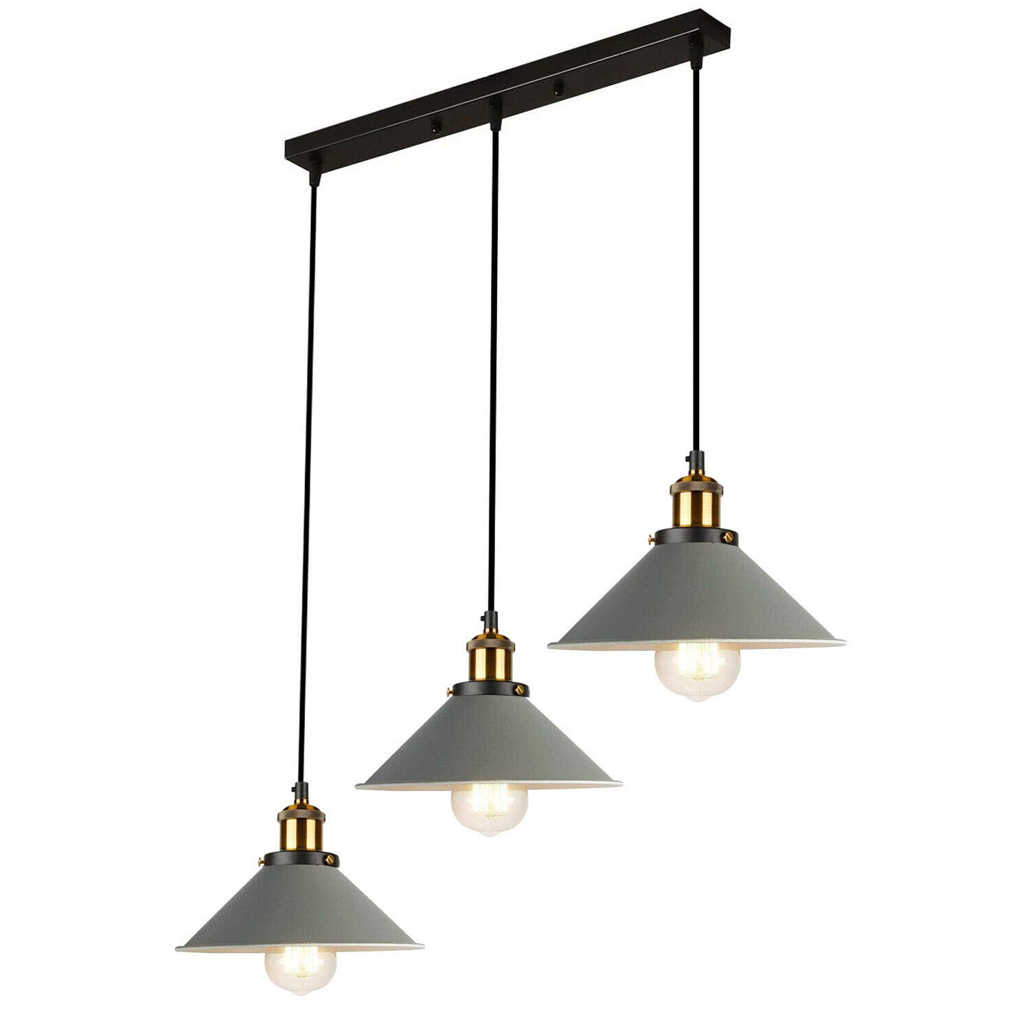 LEDSone Industrial 3 Head Pendant Light, Vintage Grey Metal Cone Shape Hanging Ceiling Light with Adjustable Cables, E27 Kitchen Island Lighting for Dining Room Bedroom Hallway