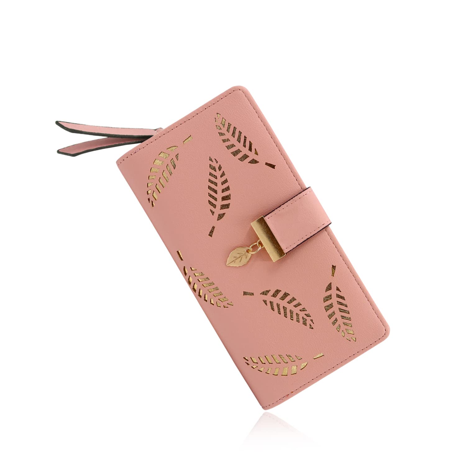NFI essentials Women's Long Clutch Wallet Girls Leaf Bi-fold Multi Card Holder Leaf Design Womens Purse (Pink)