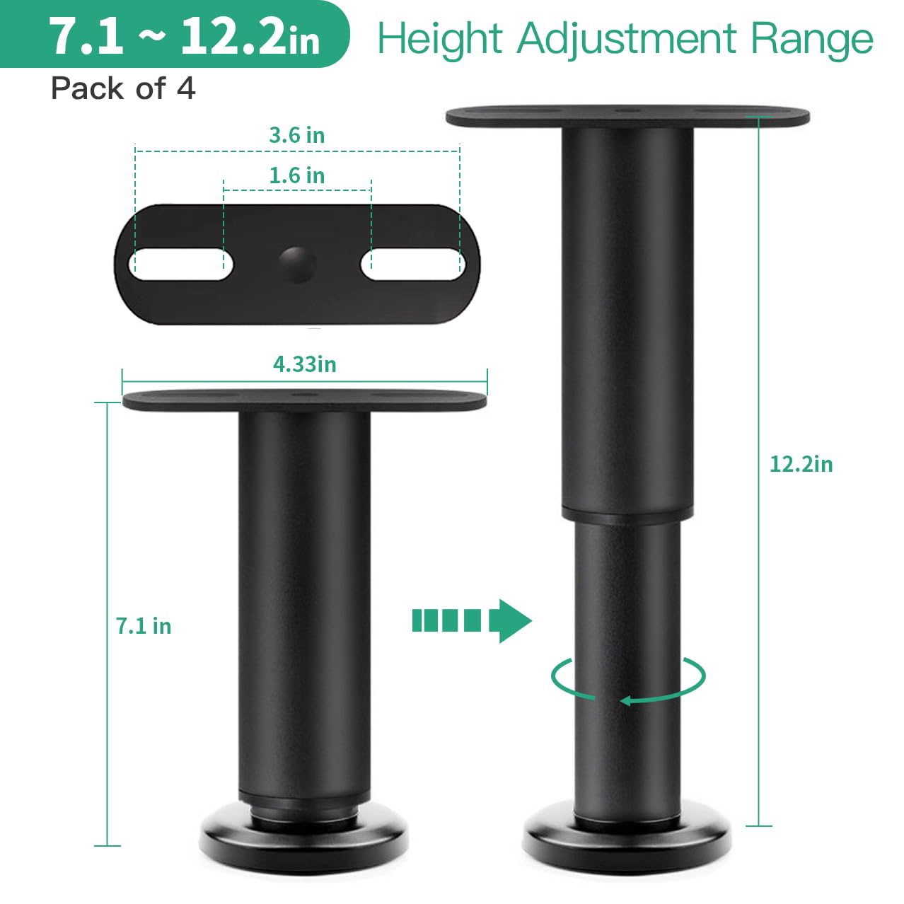 Orynthic 4Pcs (7.1-12.2inch) Multi Functional Adjustable Support Leg, Bed Slat Support Legs, Furniture Leg, for Heavy Duty/Wooden/King/Queen Bed Frame/Large Sofa