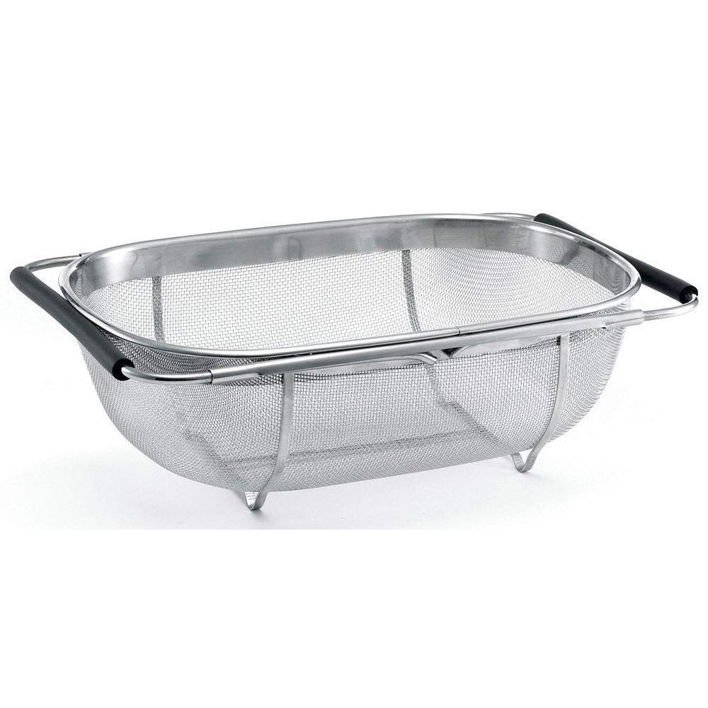 BAKAJI Cestello Scolapasta Estensibile per Lavello Cucina Colpasta Lava Verdure Frutta in Acciaio Inox con Manici Allungabili Fino a 55cm Accessori Cucina