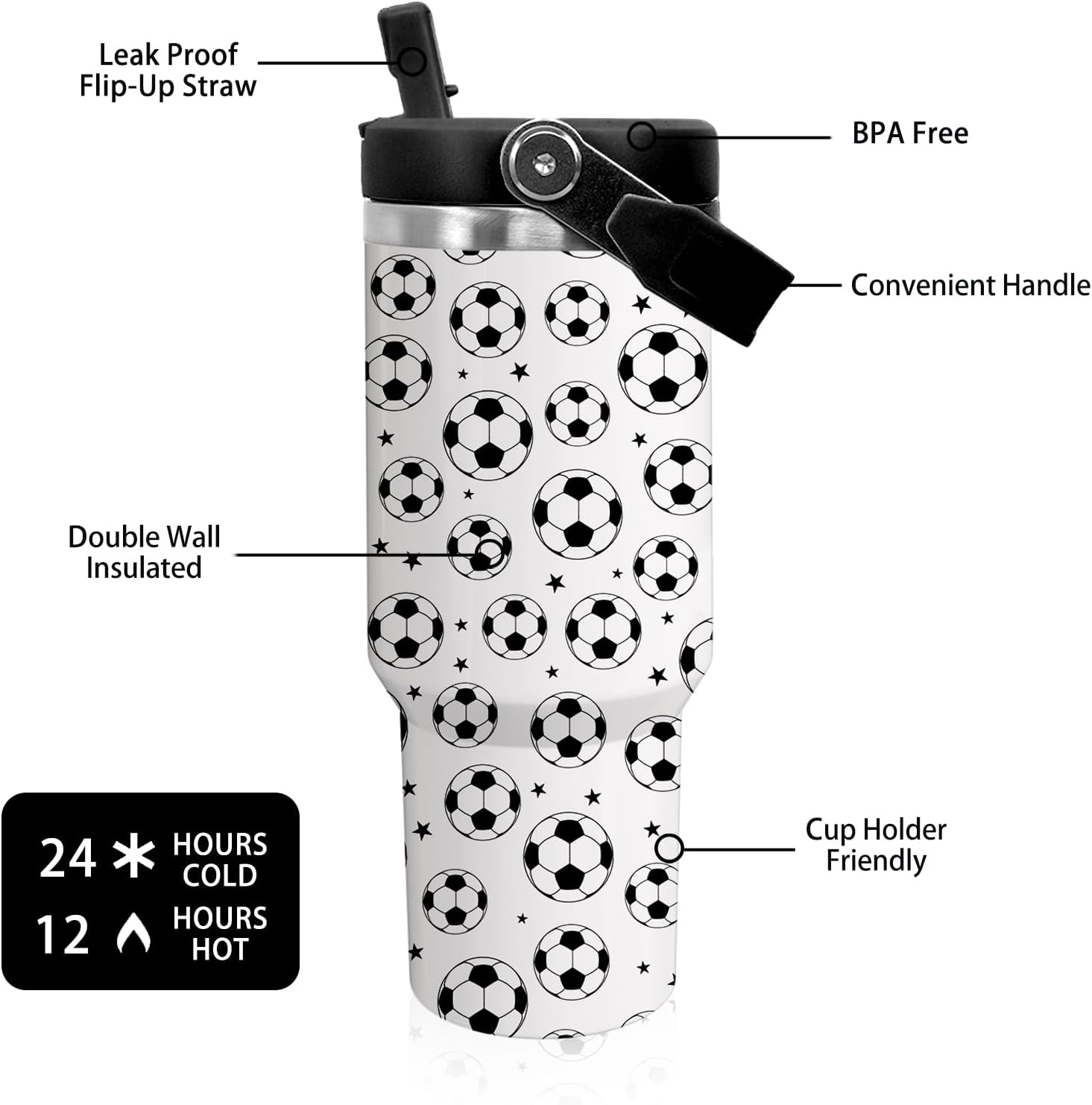 30 oz Tumbler with Handle Flip Straw Leak Proof - Soccer Cup 30oz Tumbler Travel Coffee Mug with Handle - Birthday Gifts for Women Men Soccer Lovers Fans 30 Ounce Stainless Steel Cup