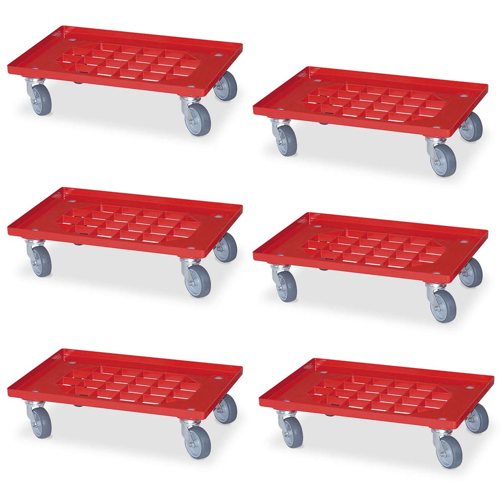 6 ruedas de transporte para contenedores de 600 x 400 mm, color rojo, 4 ruedas giratorias, ruedas de goma gris