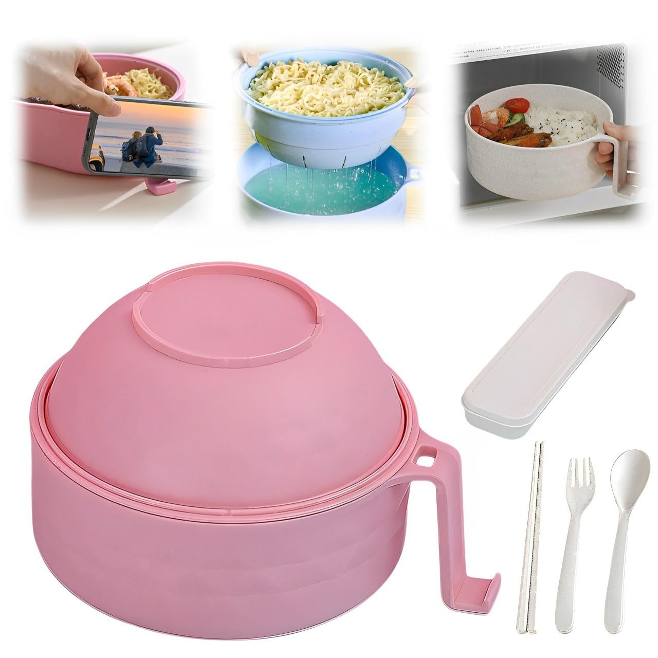 BAUFIX Microwave Ramen Bowl with Lid, 2025 New Noodles Bowl Set with Chopsticks, Spoon, Fork, Portable Cooker for Dorm, Home, Office (Pink)