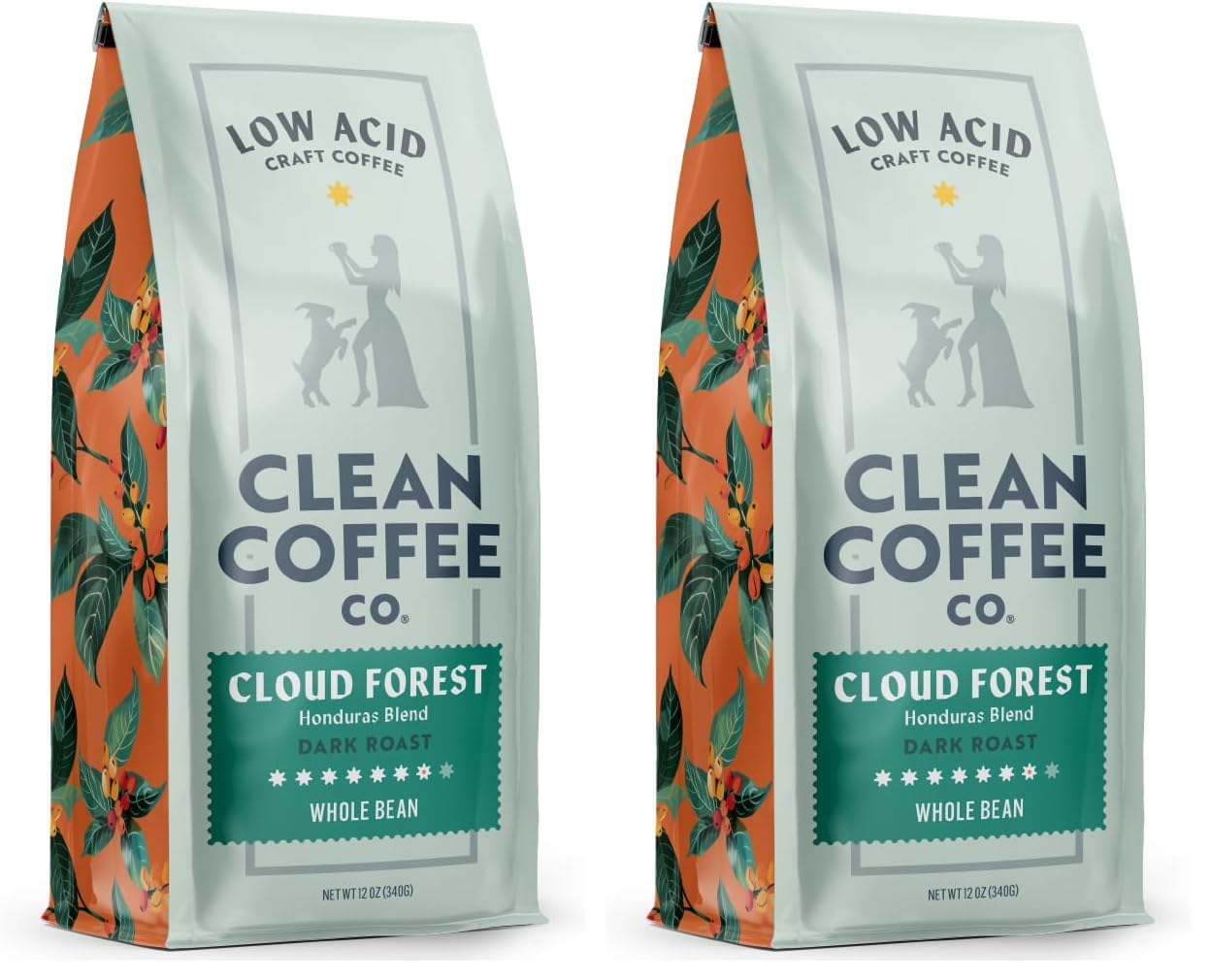 Clean Coffee Co. - Low Acid Dark Roast, Tested for Molds and Toxins, Honduras Blend, Notes of Caramel, Dark Chocolate, and Toasted Malts (Whole Bean, 12 oz Bag) (Pack of 2)
